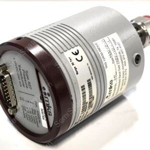 Close-up of a cylindrical electronic connector with a multi-pin plug and printed labels on the metal housing