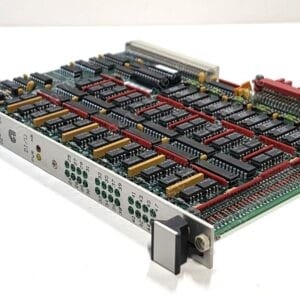 Large vintage electronic circuit board with numerous integrated circuits, red bus traces, yellow capacitors, and a front panel with green LEDs and connectors on a metal chassis