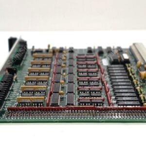 Close-up of a vintage computer motherboard with densely packed chips, RAM-like modules, and edge connectors.