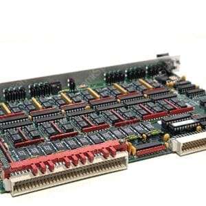 Green circuit board densely populated with ICs, edge connectors, and colored jumpers/rails