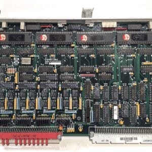 Printed circuit board densely populated with DIP ICs and a prominent red edge connector at the bottom edge.