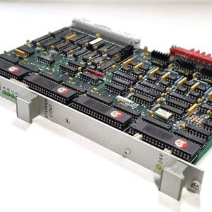 Industrial computer circuit board with numerous RAM chips, connectors, and yellow capacitors mounted in a metal chassis.