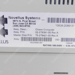 Label for Novellus Systems with address (3970 N. First Street, San Jose, CA 95134) and phone number, plus a barcode and serial field in view.