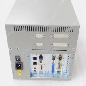 Rear view of a metal computer/server chassis with multiple I/O ports (USB, VGA, Ethernet, etc.) and a power switch on the left.