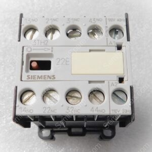 Close-up of a Siemens relay/terminal block showing screw terminals labeled 13NO, 21NC, 31NC, 43NO and 120V 60Hz supply.