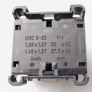 Close-up of a black plastic mounting clamp with slots and screw holes, showing UNC 8-32 and M4 markings.