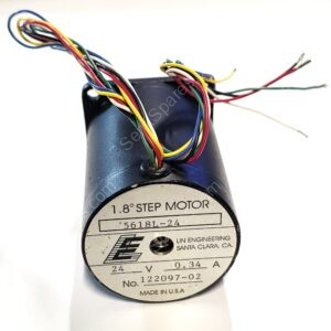 Close-up of a small black 1.8° step motor with a tangled multicolor wire harness and a label on the case.