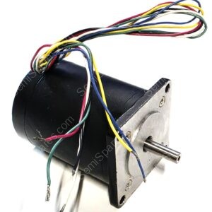 Black electric motor with a bundle of colorful wires extending from its side, mounted to a metal bracket against a white background.