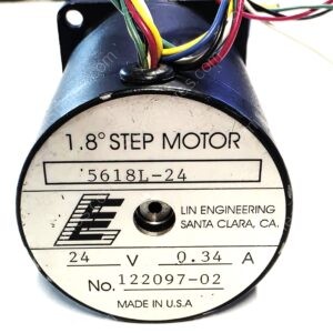 Close-up of a motor label with multicolored wires, displaying '1.8° STEP MOTOR' and 'MADE IN U.S.A.' with a brand logo partially visible.
