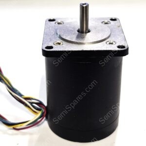 Close-up of a small electric motor: metal shaft extends from a square mounting plate with four screw holes, multicolored wires trailing nearby.