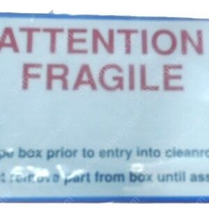 Blue sealed package with a prominent 'Attention Fragile' label and instructions to wipe the box before entering a cleanroom.
