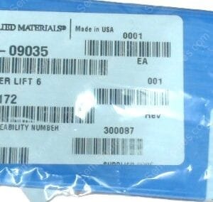 Blue plastic package with a white label reading 'Applied Materials' and product info like 'PIN WAFER LIFT 6' and barcodes.