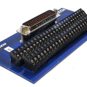 Close-up of a blue PCB with a 40-pin D-sub style connector and mounting screws, showing numbered pins 1–40.