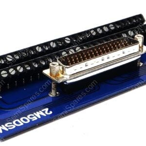 DB-25 male D-sub connector mounted on a blue PCB with two screw posts, viewed from an angled side.