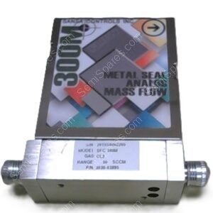Gas mass flow controller with metal-sealed analog flow, model 3000N, showing inlet/outlet fittings on each end