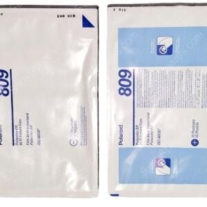 Two white Polaroid 809 instant film boxes, one showing the front with a large blue '809', the other showing the back with blue instruction panels.