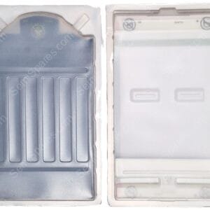 Two battery packs in blister packaging: left is blue with vertical ridges, right is translucent with two slots.
