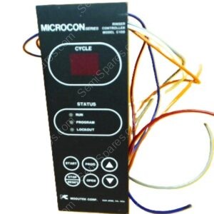 Microcon cycle controller panel with display, status/program indicators, and multiple colored wires attached.