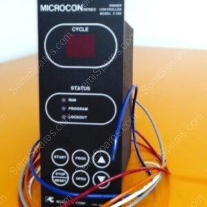 Front of a Microcon Series controller with a red display labeled CYCLE and status indicators; blue and red wires tangled around an orange table surface