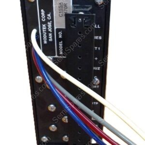 Back view of an industrial control module with a black housing and a multi‑pin connector with several color‑coded wires attached (blue, red, grey, yellow, white).