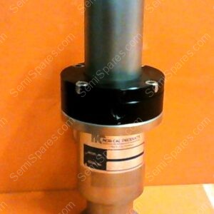 Industrial pneumatic actuator with a blue piston rod on a silver cylindrical body, mounted on a black flange against an orange background, used for linear machine motion.