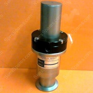 Industrial pressure regulator valve mounted on an orange background, featuring a gray cylindrical body and a black adjustment cap.