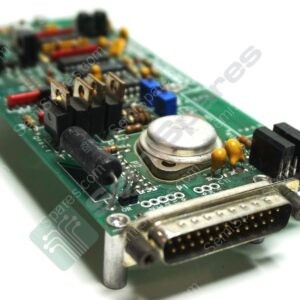 Close-up of a green printed circuit board with a row of metal terminal connectors, resistors, capacitors, and a round battery holder visible.