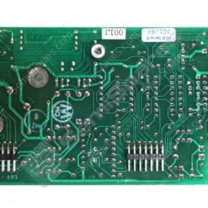 Green printed circuit board with dense solder traces and edge connectors, labeled power rails +15V, 5V, and GND, plus mounting holes and components on the surface on the left.