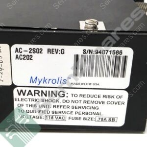 Close-up of a black electrical device with a white label showing model AC-2S02, Rev G, S/N 94071586, barcode, and warning text.