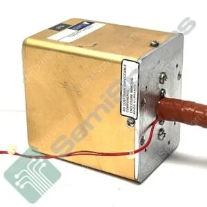 Close-up of a gold-colored electrical transformer with a silver mounting plate and red wires exiting a plastic connector.