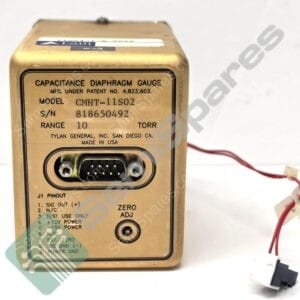 Close-up of a gold rectangular capacitance diaphragm gauge with a multi-pin connector and red wires in the background. (Device label reads 'CAPACITANCE DIAPHRAGM GAUGE'.)