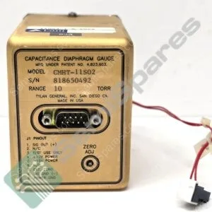 Close-up of a gold rectangular capacitance diaphragm gauge with a multi-pin connector and red wires in the background. (Device label reads 'CAPACITANCE DIAPHRAGM GAUGE'.)