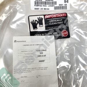 Label on a plastic package showing part number 0200-35842 and 'PUMPING RING, CERAMIC' with UPC barcode and 'IMPORTANT! CRITICALLY CLEAN PART' warning sticker nearby.