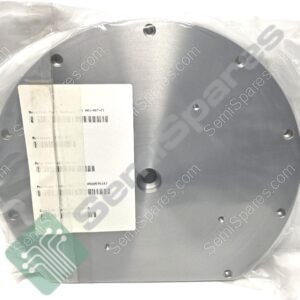 Circular brushed metal flange with several drilled holes, packaged in clear plastic with a white barcode label attached.