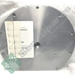 Circular brushed metal flange with several drilled holes, packaged in clear plastic with a white barcode label attached.