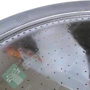 Close-up of a stainless steel washing machine drum interior with water and many small perforations in the metal surface.