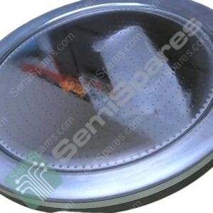 Circular stainless steel washing machine drum with perforations seen from above.