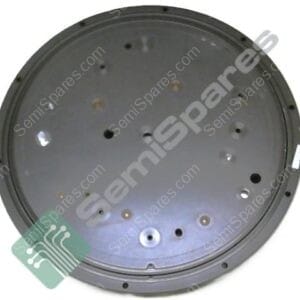 Circular metal lid or cover plate with multiple small holes and a central boss, likely a housing component