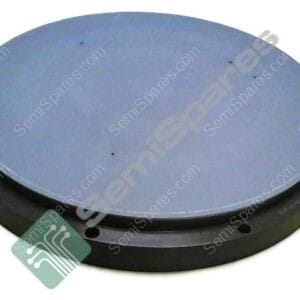 Circular blue metal disc with a black flange and several bolt holes around the edge (industrial mounting plate).