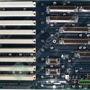Back of a blue PCB filled with numerous large white edge connectors and metal D-sub style connectors (I/O backplane).