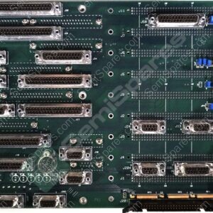 Green PCB backplane with many large D-sub-style connectors in rows, plus jumper blocks and test pads—likely a computer I/O board.