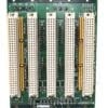 Green PCB with several white plastic expansion slots, yellow signal/decoupling capacitors, and row of pin headers along the bottom; edge connectors labeled +12V, -12V, GND at the top.