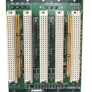 Green PCB with several white plastic expansion slots, yellow signal/decoupling capacitors, and row of pin headers along the bottom; edge connectors labeled +12V, -12V, GND at the top.