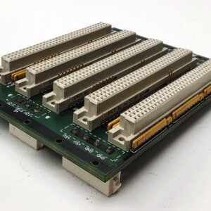 Green circuit board with four long white edge-connector slots and gold pins, mounted on plastic standoffs.