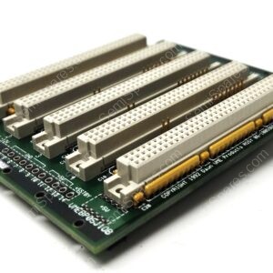 Green computer expansion card with multiple large white edge-connector slots and gold pins, viewed at an angle.