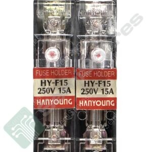 Pair of HY-F15 fuse holders, each labeled 250V 15A with red 'FUSE HOLDER' stickers, shown side by side for electrical supply protection.