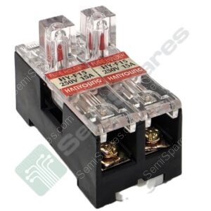 Electrical fuse holder block with two clear fuse cartridges and red fuse elements (labels read HY-F15 250V 15A).