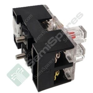 Close-up of a black electrical switch/relay assembly with metal springs and a clear terminal housing