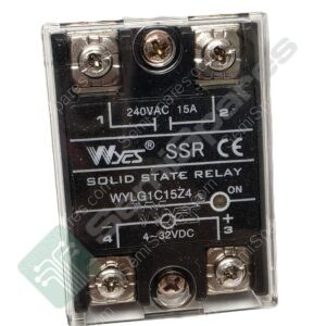 Close-up of a solid-state relay with terminal screws, wiring diagram, and a 240V AC 15A rating visible on the label.