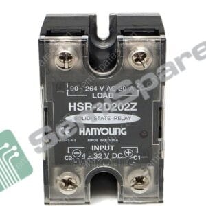 Close-up of a HanYoung HSR-2D202Z solid-state relay showing two screw terminals and input/load labels.